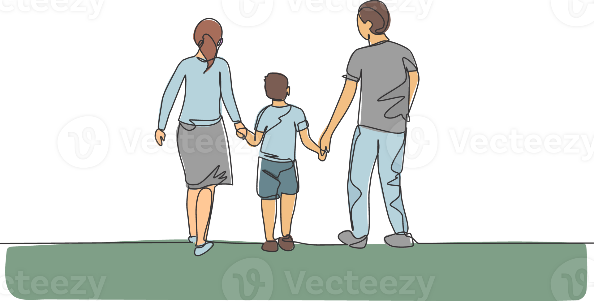 One single line drawing of young happy mother and father lead their son walking together, holding his hands graphic illustration. Parenting education concept. Modern continuous line draw design png
