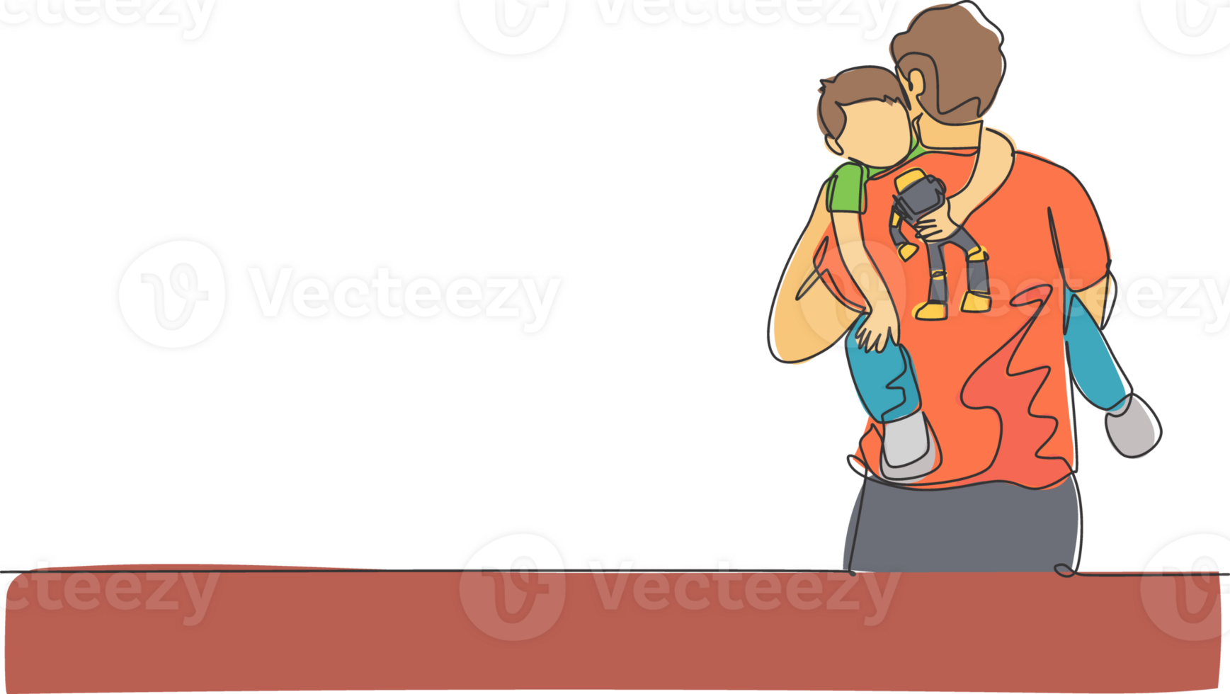 Single continuous line drawing of young happy father hugging full of warmth his sleepy boy while holding robot toy. Happy family concept. Trendy one line draw design illustration graphic png