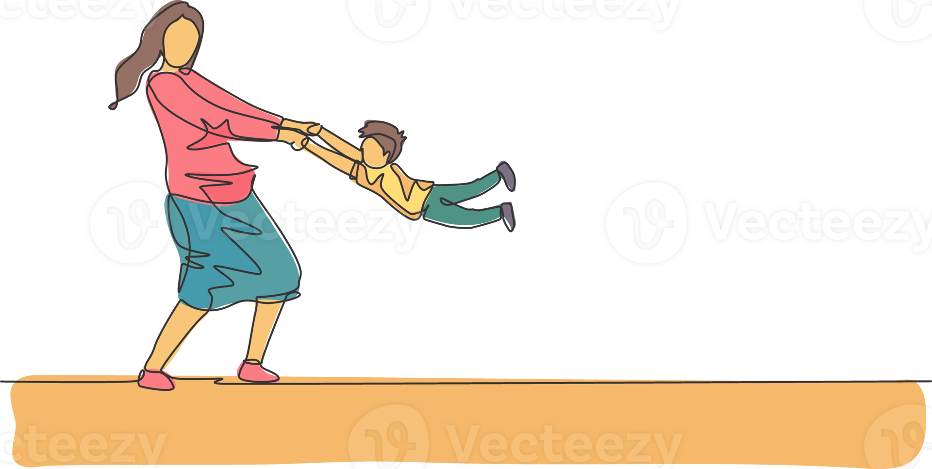 One single line drawing of young happy mother lifting and spinning her son up in the air at home illustration. Parenting education. Family parenthood concept. Modern continuous line draw design png