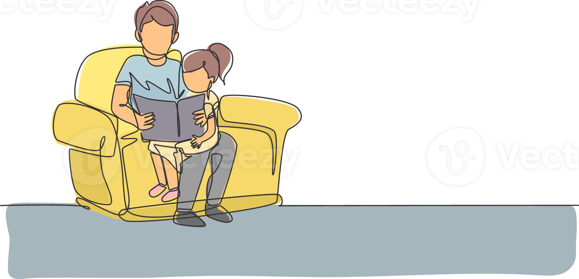 One continuous line drawing young dad siting on sofa and reading a storybook to his daughter at home, family life. Happy parenting concept. Dynamic single line draw design graphic illustration png