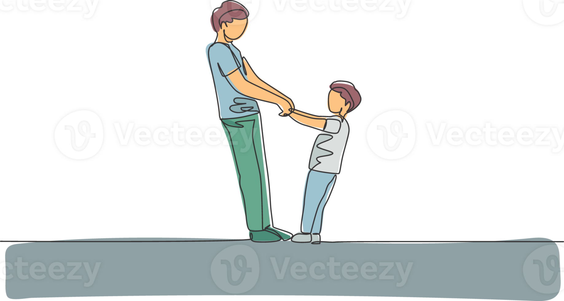 One continuous line drawing of young father and his son holding hands and dancing together at home, family life. Happy parenting concept. Dynamic single line draw design illustration graphic png