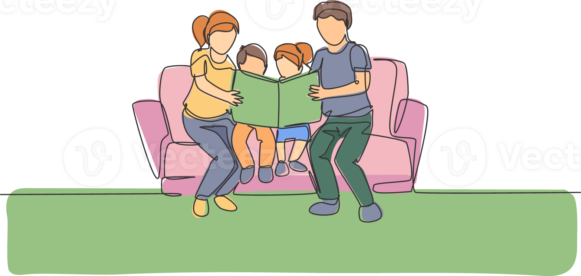 One One single line drawing of young happy father and mother siting on sofa to read a story book to their kids together illustration. Parenting education concept. Modern continuous line draw design png
