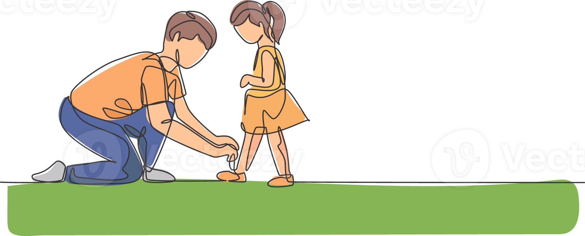 One single line drawing of young dad tying her daughter shoelaces before go to school , parenting illustration. Happy family playing together concept. Modern continuous line draw graphic design png