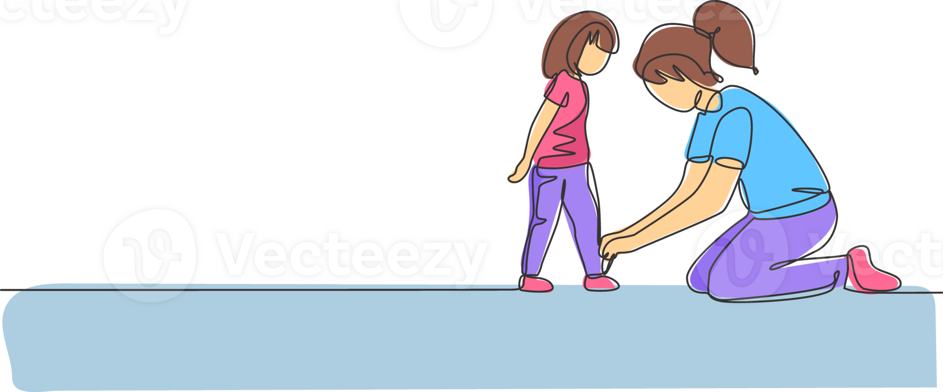 Single continuous line drawing of young mother tying her daughter shoelaces at home before go to school, parenthood. Family parenting concept. Trendy one line draw design graphic illustration png