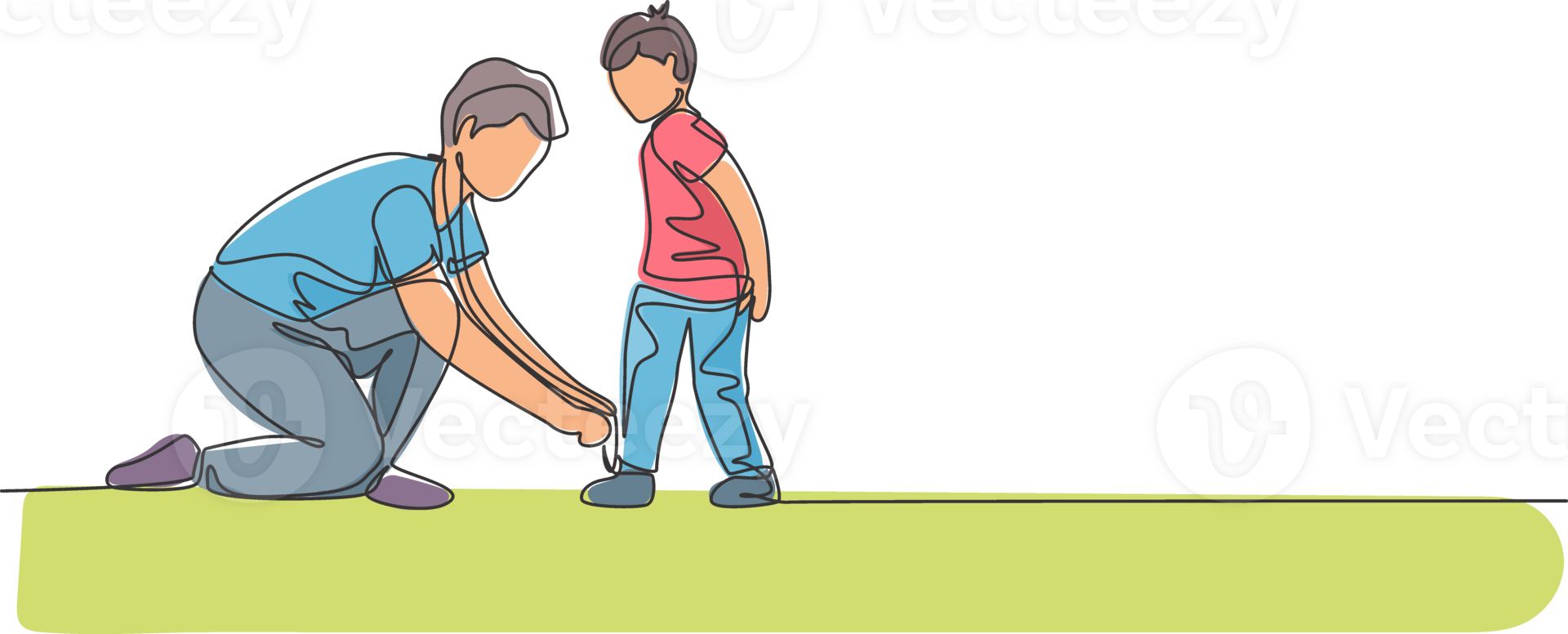 One single line drawing young father tying his son shoelaces before go to school, parenting time illustration. Happy family playing together concept. Modern continuous line graphic draw design png