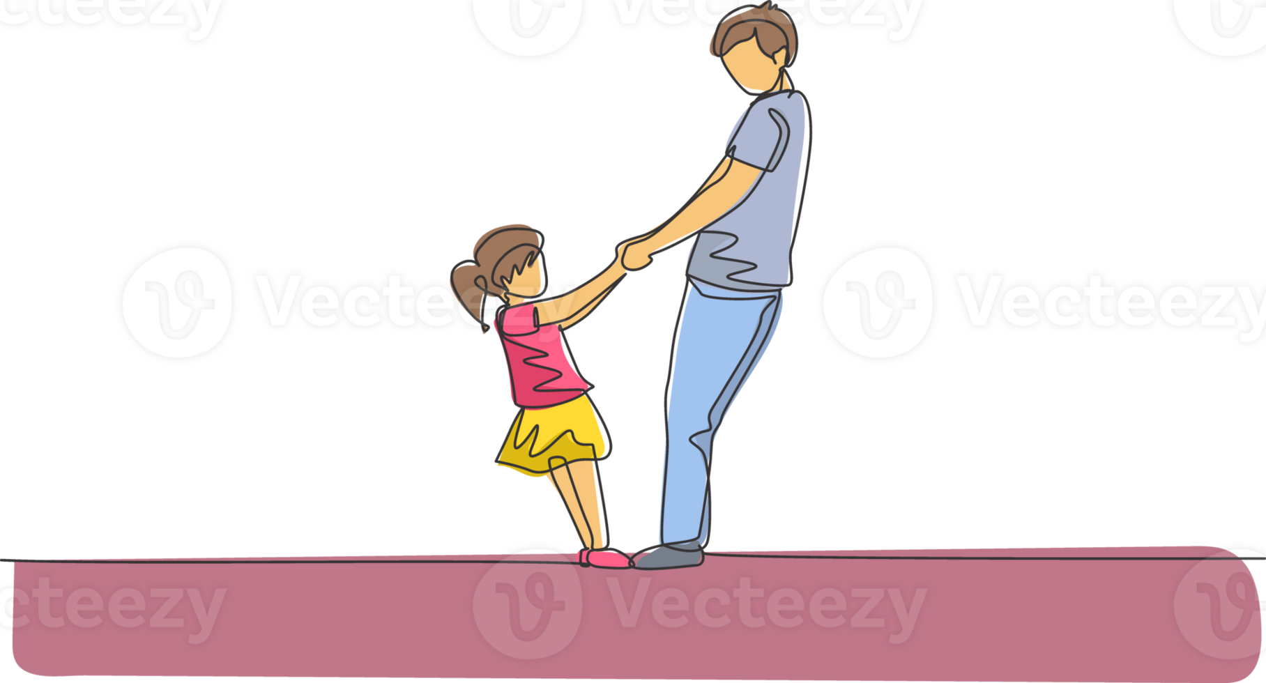 One single line drawing young happy dad and his daughter holding hands and dancing together at home graphic illustration. Family parenting education concept. Modern continuous line draw design png