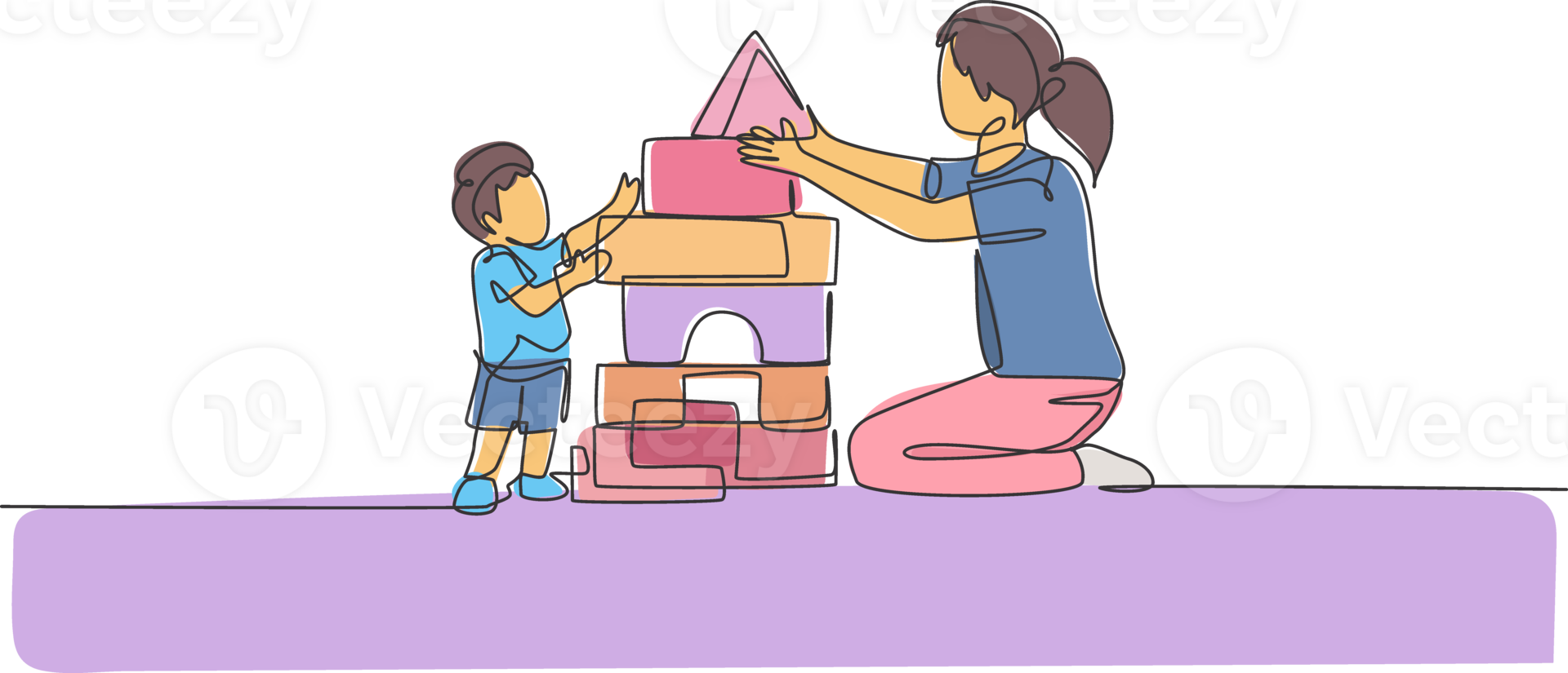 One single line drawing of young mom playing with her son building a house from foam puzzle block toy, parenting illustration. Happy family playing together concept. Continuous line draw design png