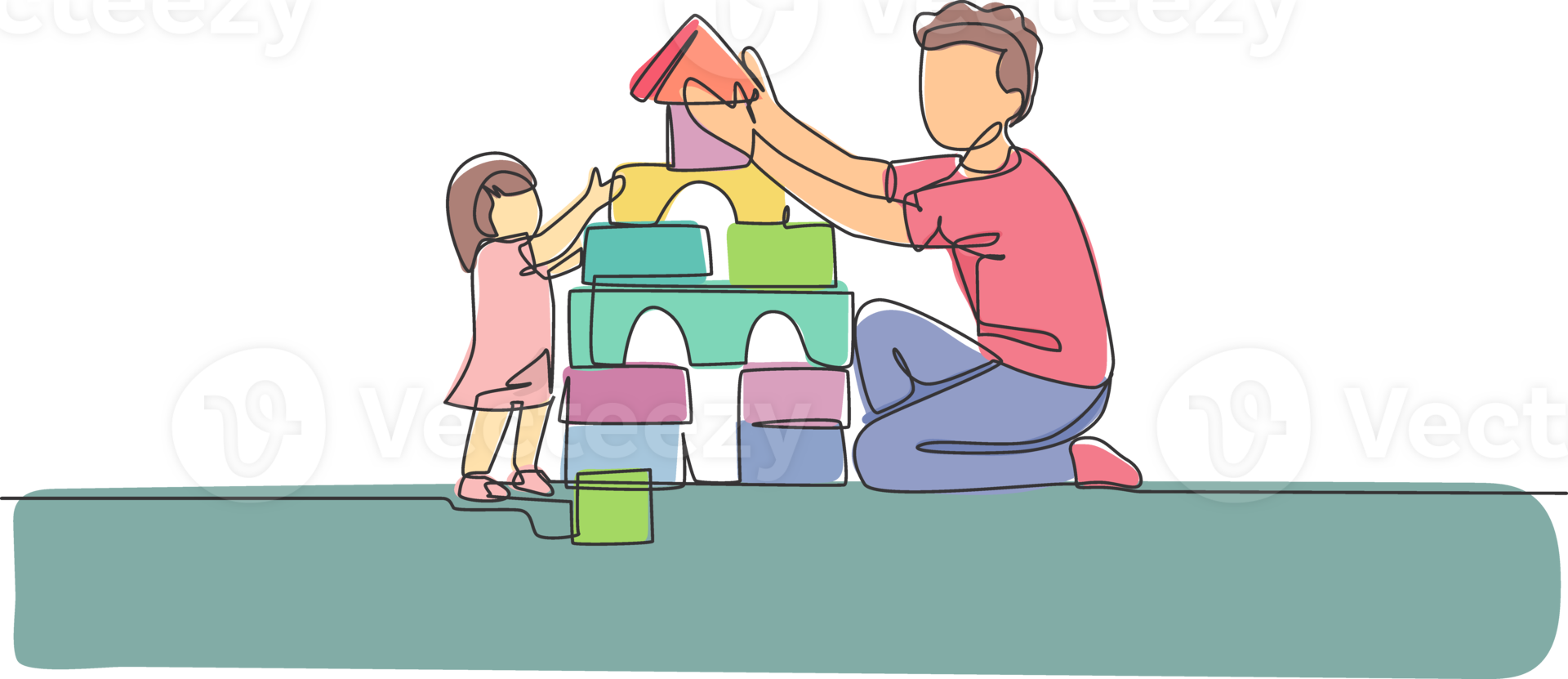 One continuous line drawing of young happy father playing build a brick house with lovely daughter at home. Family parenting concept. Dynamic single line draw design graphic illustration png