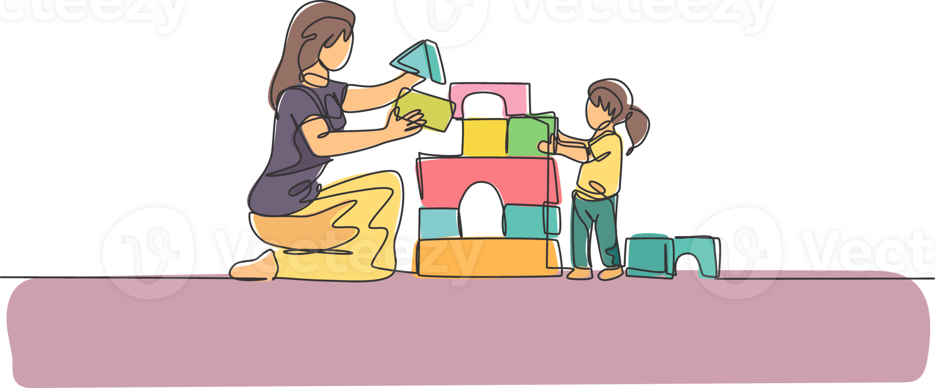 Single continuous line drawing of young mother playing with daughter building house from foam puzzle blocks toy at home, parenthood. Family parenting concept. One line draw design illustration png