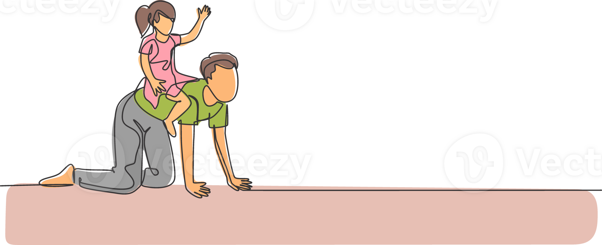 One continuous line drawing of young happy daughter playing with her father at home, siting and riding on father's back. Family parenting concept. Dynamic single line draw design illustration png