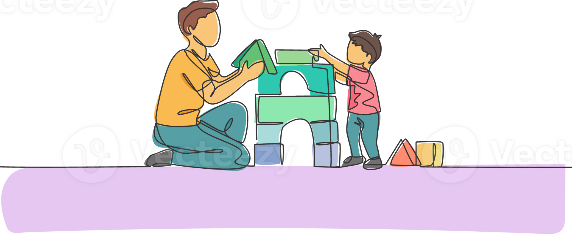 One continuous line drawing of young happy dad playing with son building house from foam puzzle block toy at home. Family time parenting concept. Dynamic single line draw design illustration png