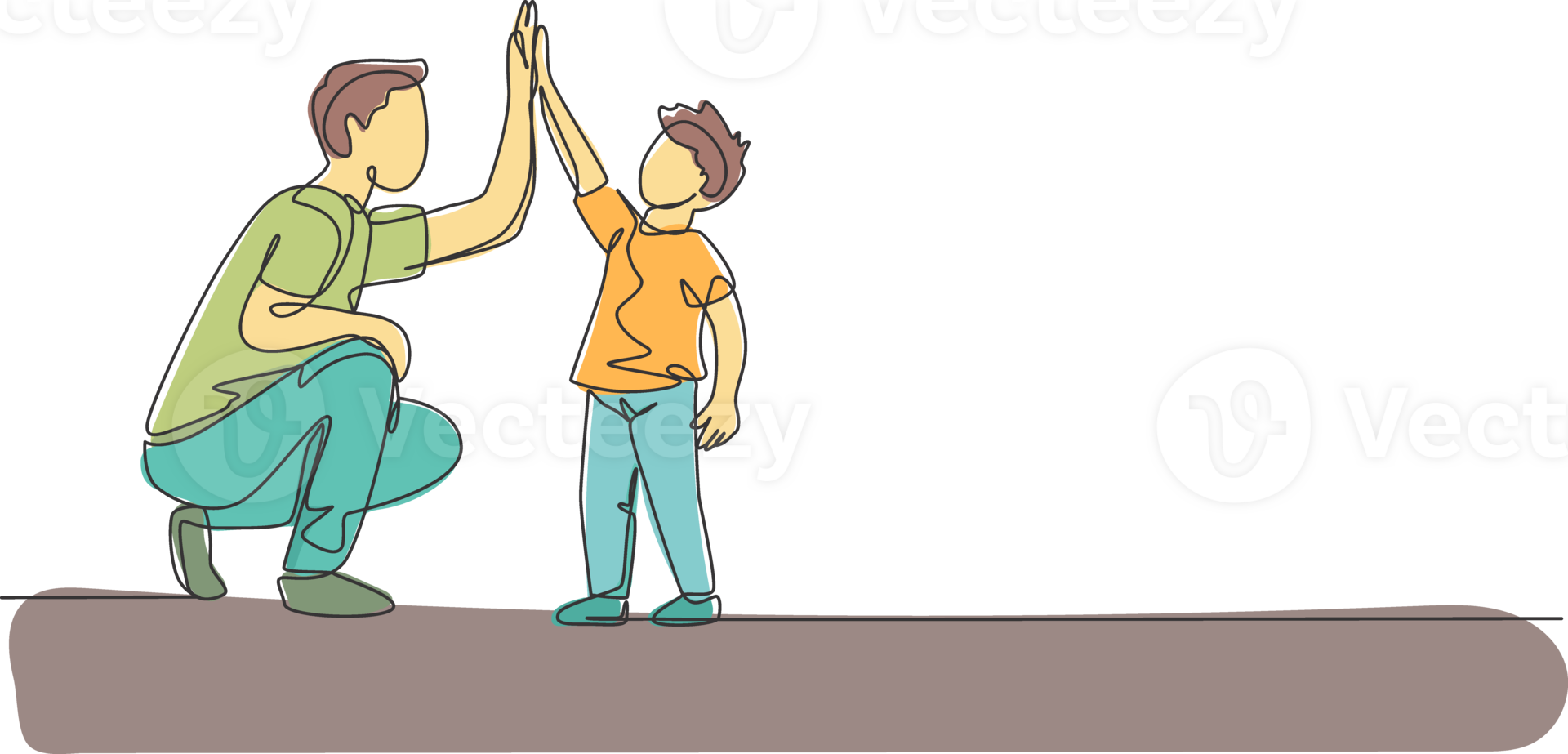 Single continuous line drawing of young dad giving high five gesture to son for success school achievement, parenthood time. Family parenting concept. Trendy one line draw design illustration png