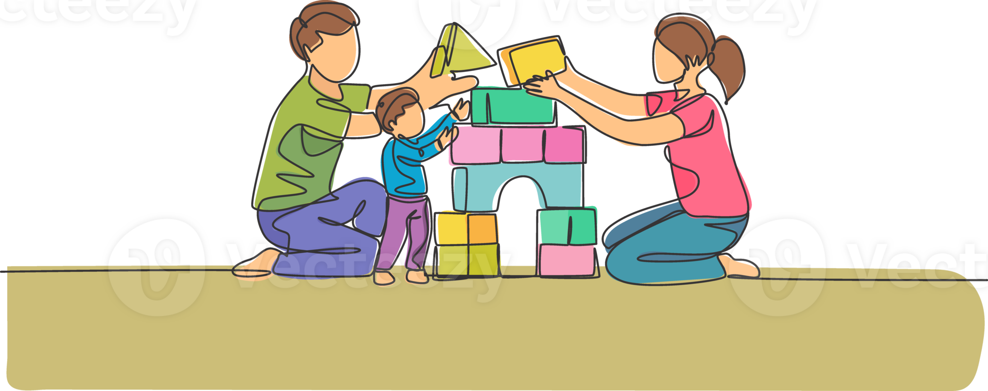 One continuous line drawing of young happy mother and father playing with son building house from foam puzzle blocks toy at home. Family parenting concept. Single line draw design illustration png