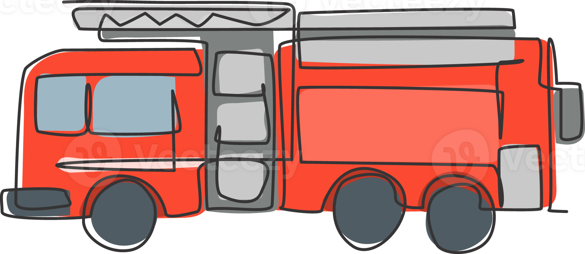 Single one line drawing of firetruck with rescue ladder and nozzle. Fire engine as firefighter apparatus isolated doodle minimal concept. Trendy continuous line draw design graphic illustration png