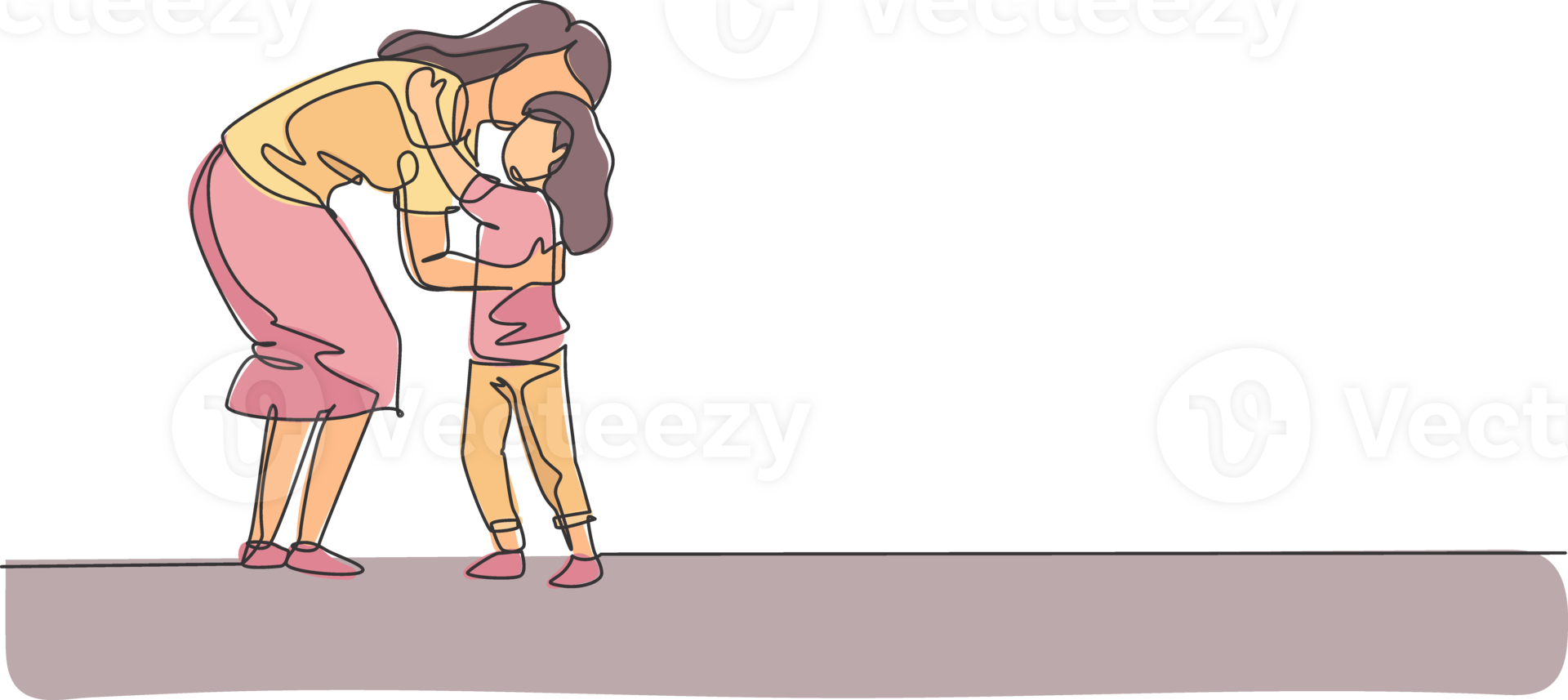 One single line drawing of young mom hugging her daughter full of warmth before go to school, parenting illustration. Happy family playing together concept. Modern continuous line draw design png