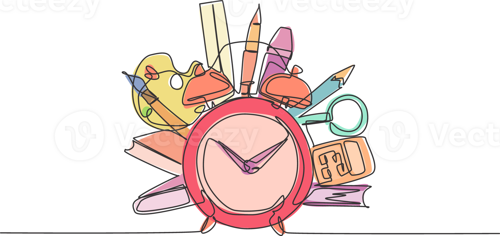 Single one line drawing of school tools set, alarm clock, book, pen, pencil, ruler. Back to school minimalist, education concept. Continuous simple line draw style design graphic illustration png