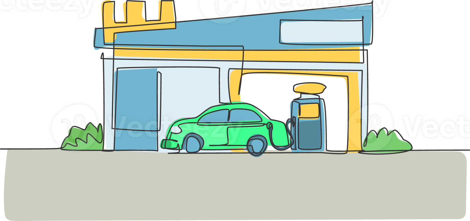 Single one line drawing of gas station for refueling car gasoline. Rest area construction building isolated doodle minimal concept. Trendy continuous line draw design graphic illustration png