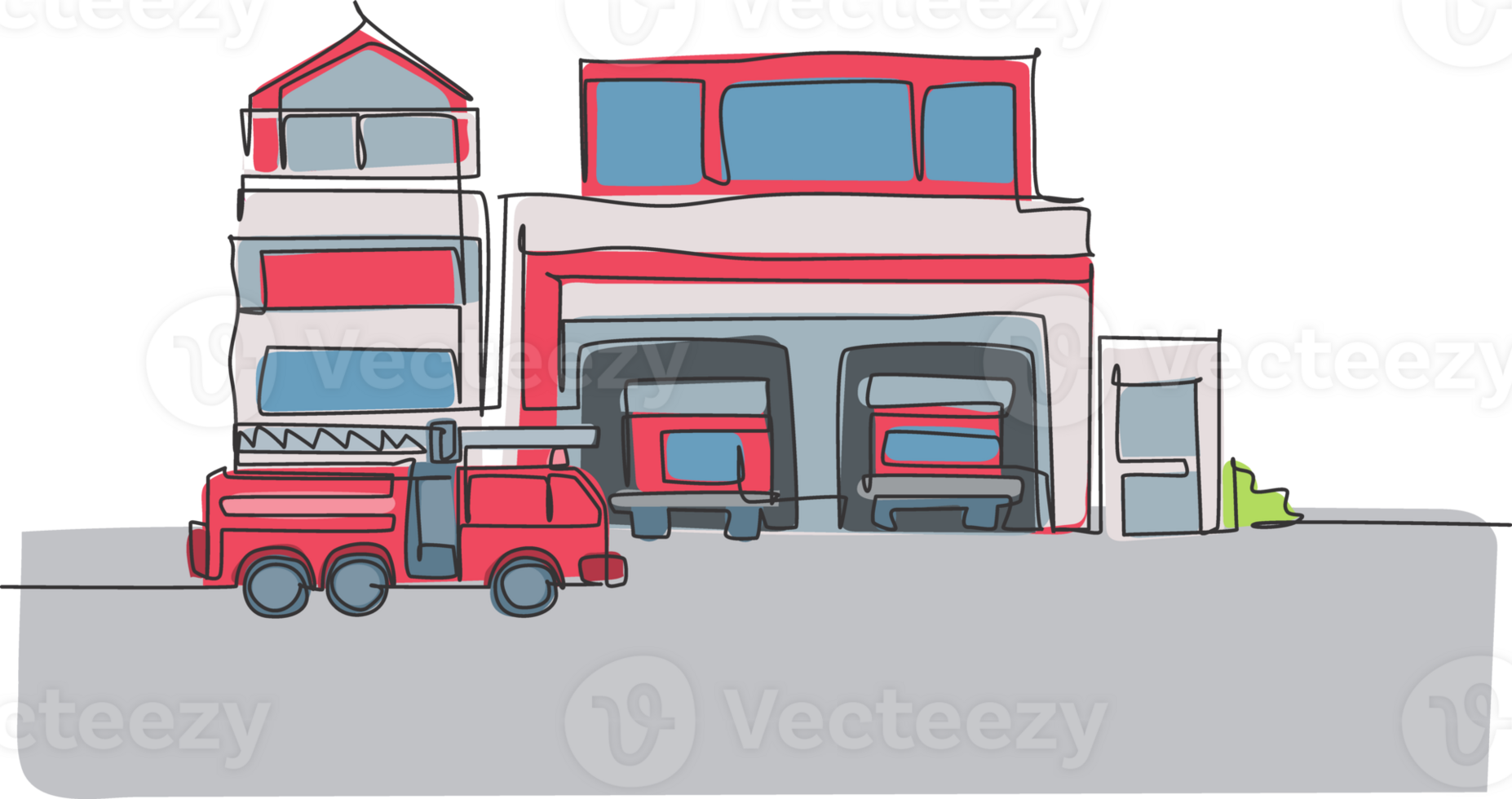 Single continuous line drawing of fire station building construction