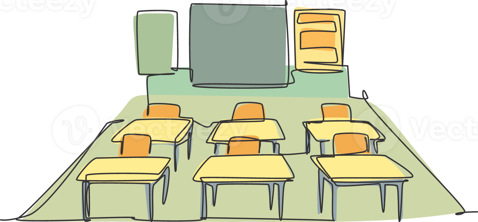 Continuous one line drawing of kindergarten school classroom interior. Back to school hand drawn minimalism concept. Single line draw design for education graphic illustration png