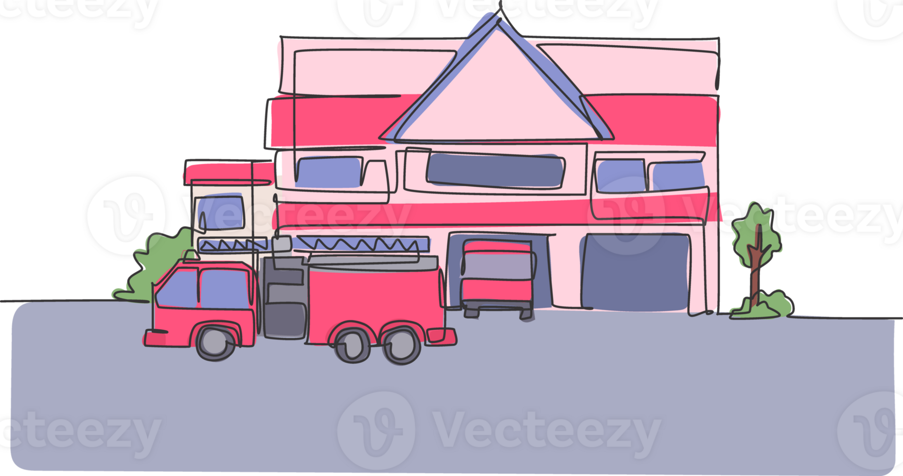 Continuous one line drawing of fire station construction building with fire engine. Basecamp for firefighter hand drawn minimalist concept. Modern single line draw design graphic illustration png