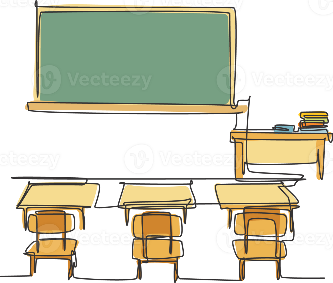 Continuous one line drawing interior design at school classroom with  board. Back to school hand drawn minimalism concept. Single line draw design for education graphic illustration png