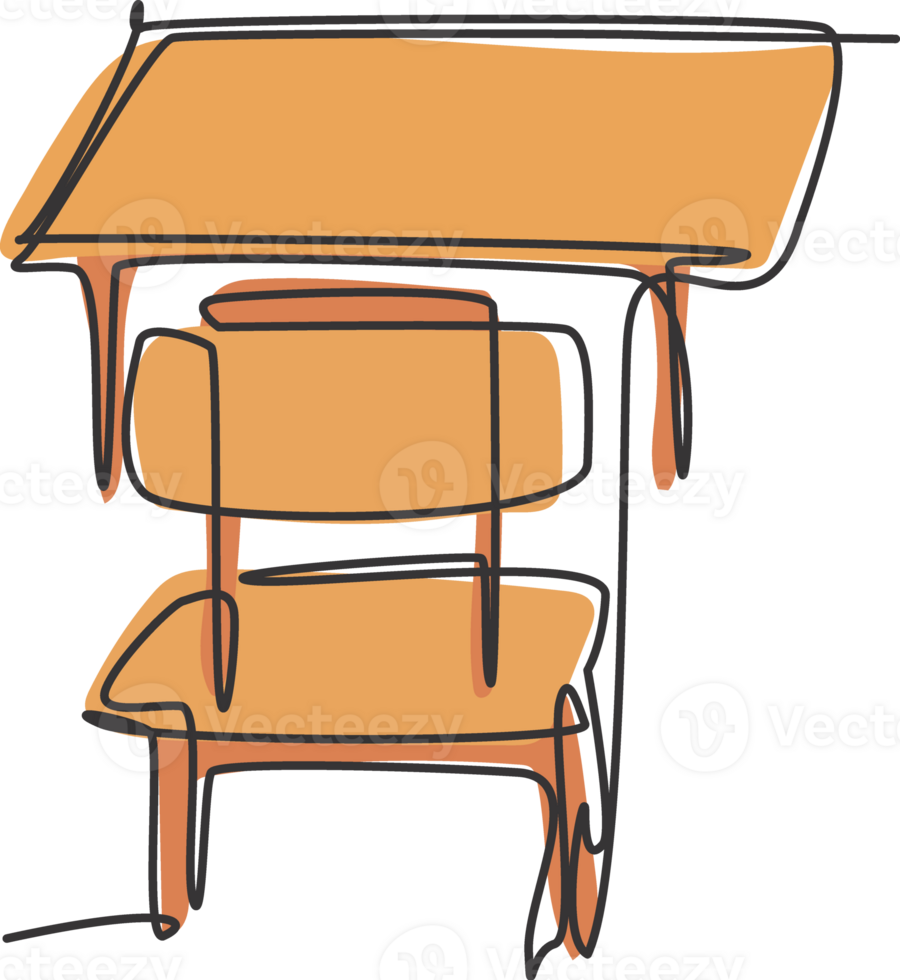 Single continuous line drawing of wooden school chair and table set. Back to school minimalist