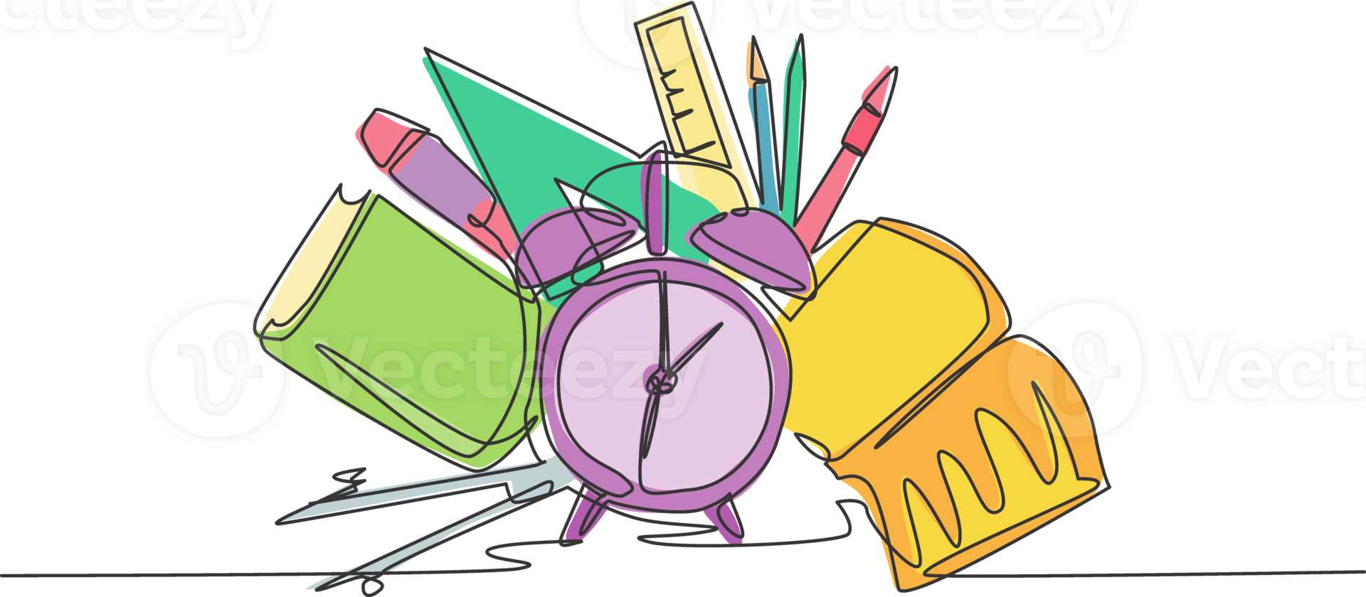 Single continuous line drawing of alarm clock with book, pencil, pen, ruler, compass set. Back to school minimalist style. Education concept. Modern one line draw graphic design illustration png