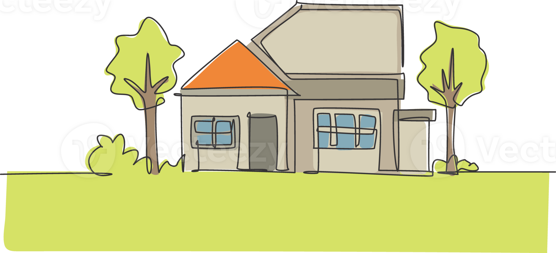 Single continuous line drawing green eco modest house at village. Home building construction isolated minimalism concept. Dynamic one line draw graphic design illustration png