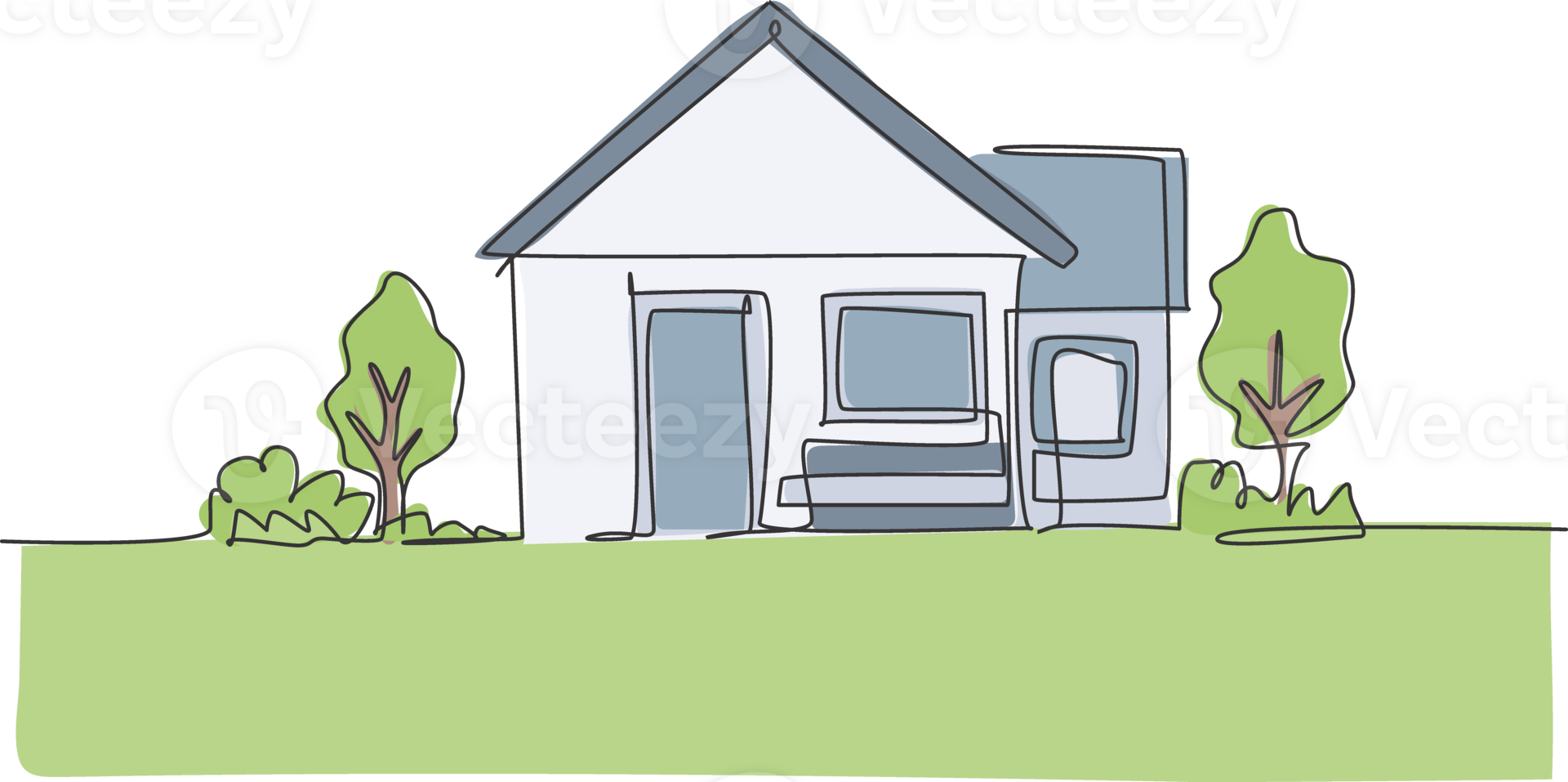 Continuous one line drawing of green little house with garden trees at village. Nature home architecture hand drawn minimalist concept. Modern single line draw design graphic illustration png