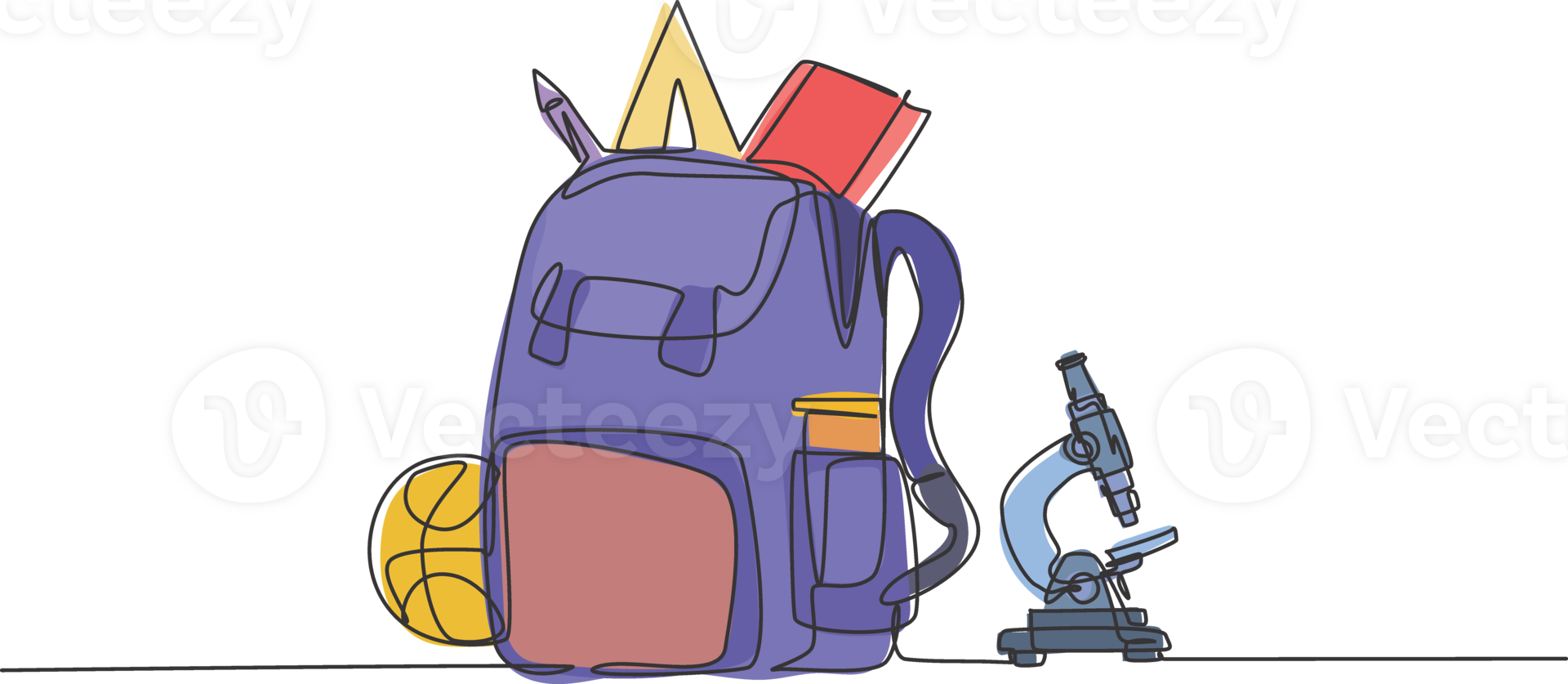 Continuous one line drawing school bag set, microscope, book, basket ball, crayon, pen. Back to school hand drawn minimalism concept. Single line draw design for education graphic illustration png