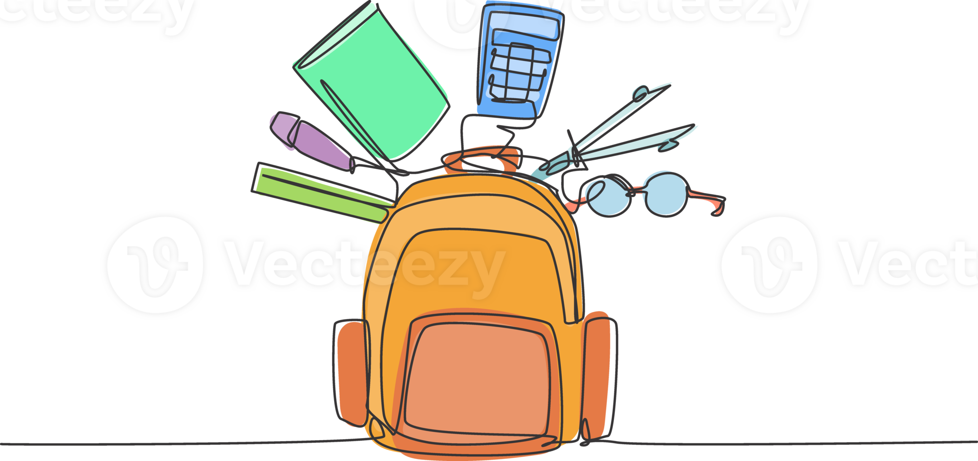 Single continuous line drawing of school bag set with glasses, calculator, book, ruler, pen. Back to school minimalist style. Education concept. Modern one line draw graphic design illustration png