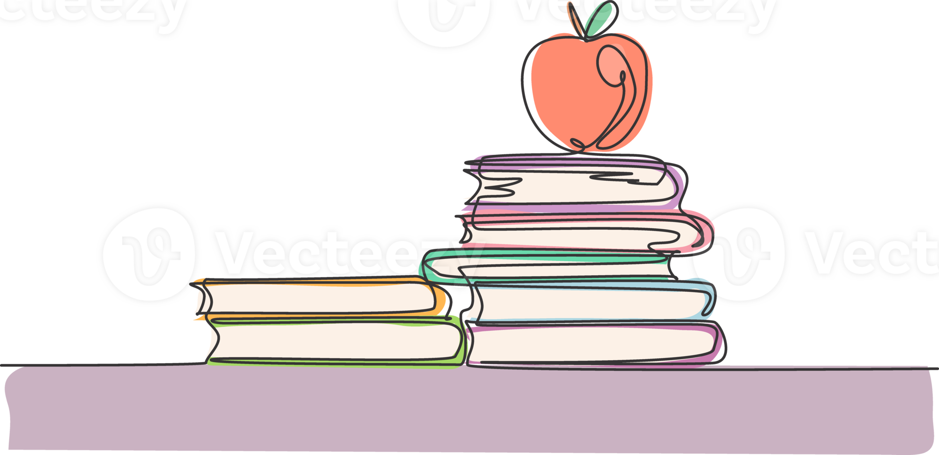 Continuous one line drawing of apple above books stack minimalist illustration design. Isolated simple line modern graphic style. Hand drawn graphic concept for education png