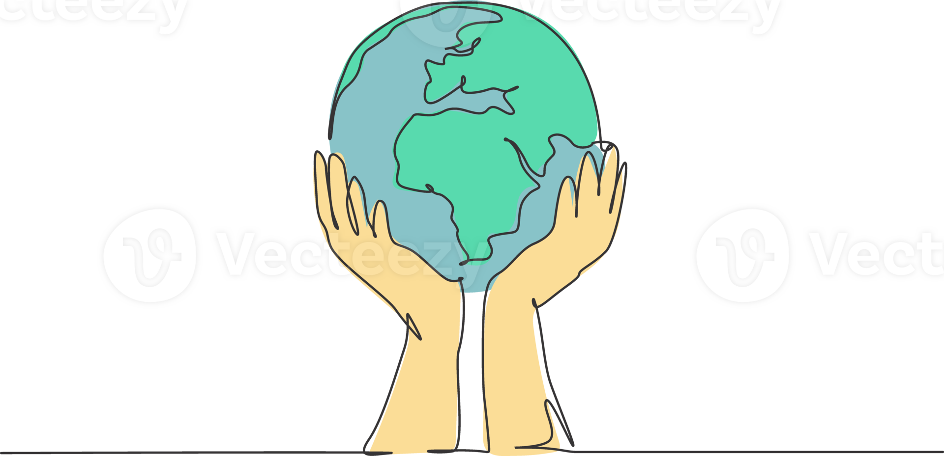 Hands hold earth. Single continuous line world global map graphic icon. Simple one line doodle for non profit organization concept. Isolated illustration minimalist design png