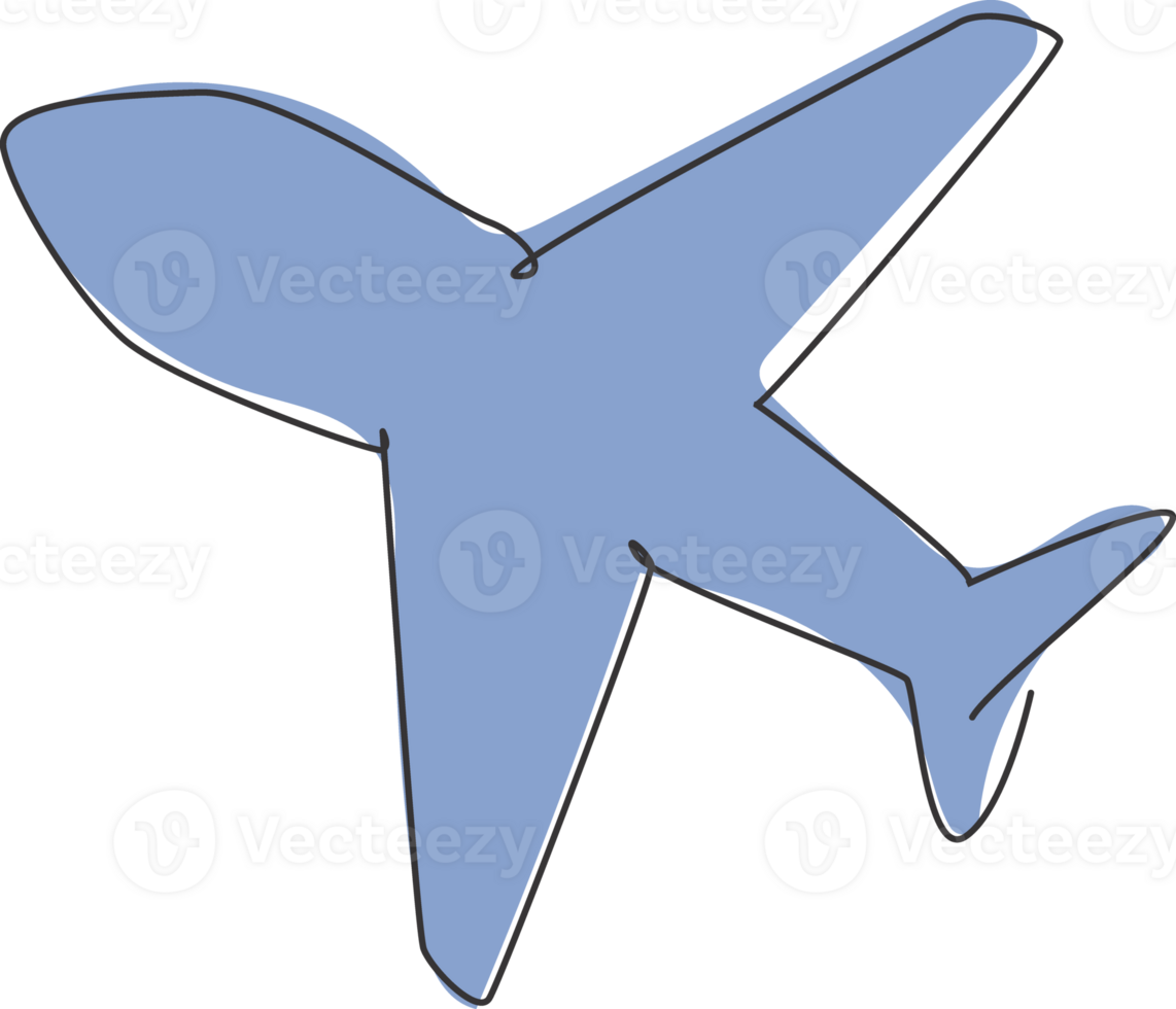 Single one line drawing of flying airplane. Transportation icon silhouette for education concept. Travel business presentation clipart isolated. Design graphic illustration png