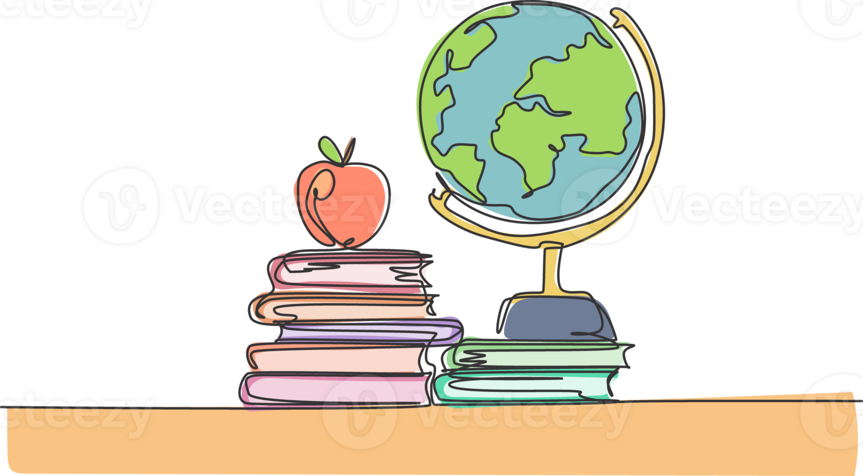Earth globe on desk. Continuous one line drawing of books minimalist illustration design. Isolated simple line modern graphic style. Hand drawn graphic concept for education png