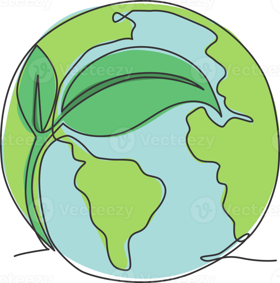 Green leaf on globe. Single continuous line world natural global map graphic icon. Simple one line doodle for save earth concept. Isolated illustration minimalist design png