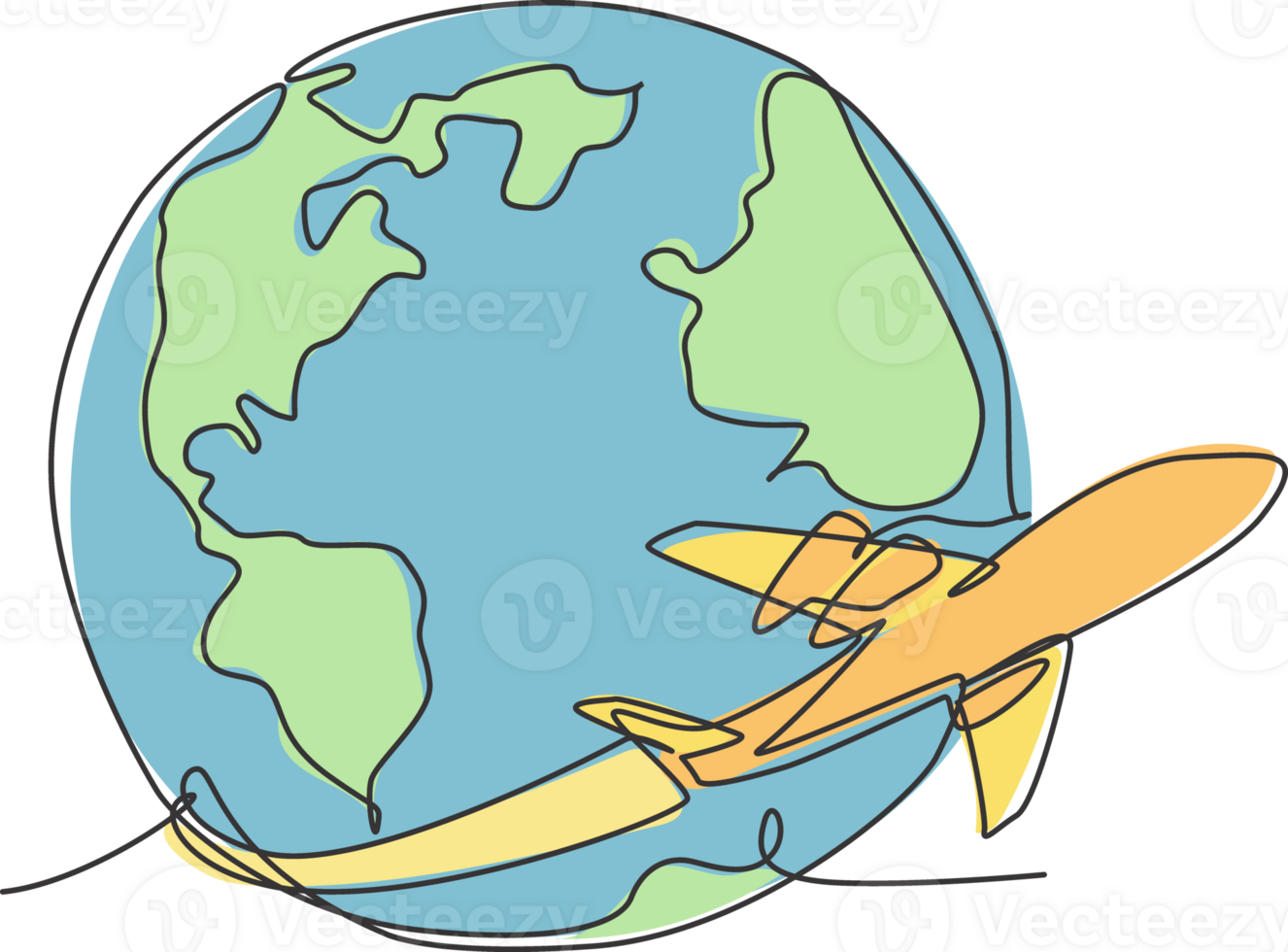 Airplane flying around the earth. Single continuous line world globe map graphic icon. Simple one line doodle for traveling concept. Isolated illustration minimalist design png