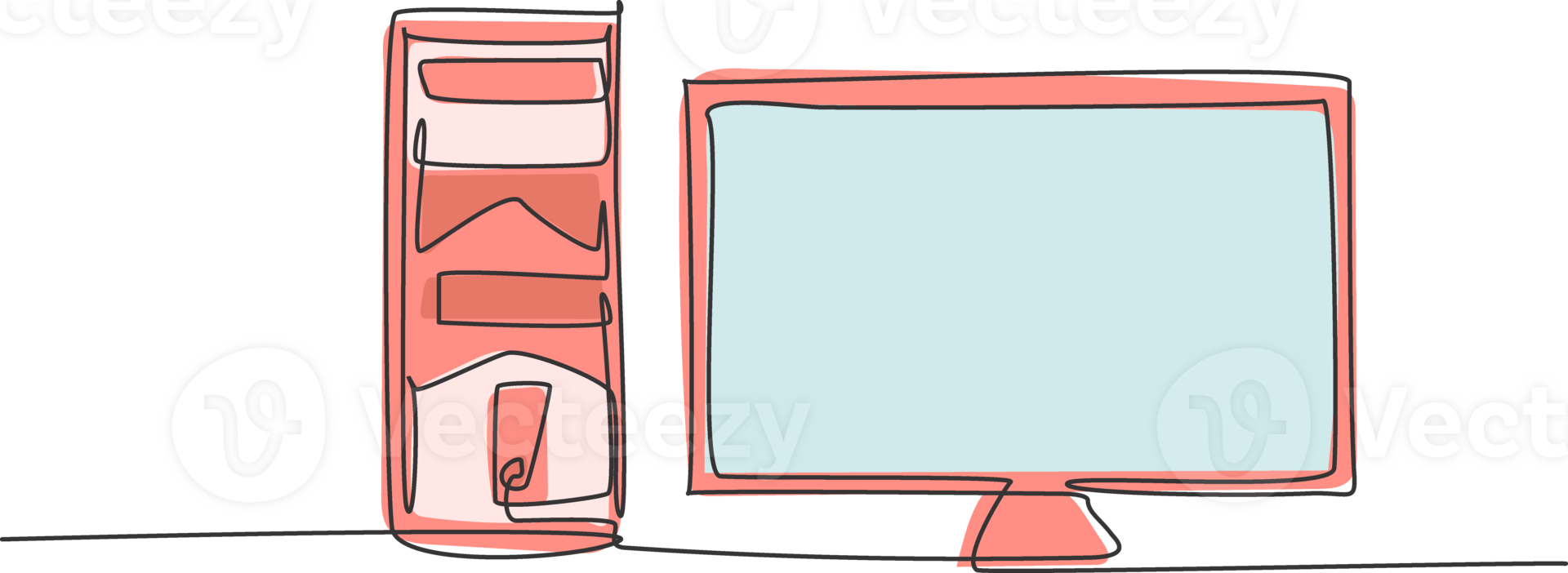 Single continuous line drawing of cpu computer and screen monitor. Electronic business company tools concept. Modern one line draw design graphic illustration png