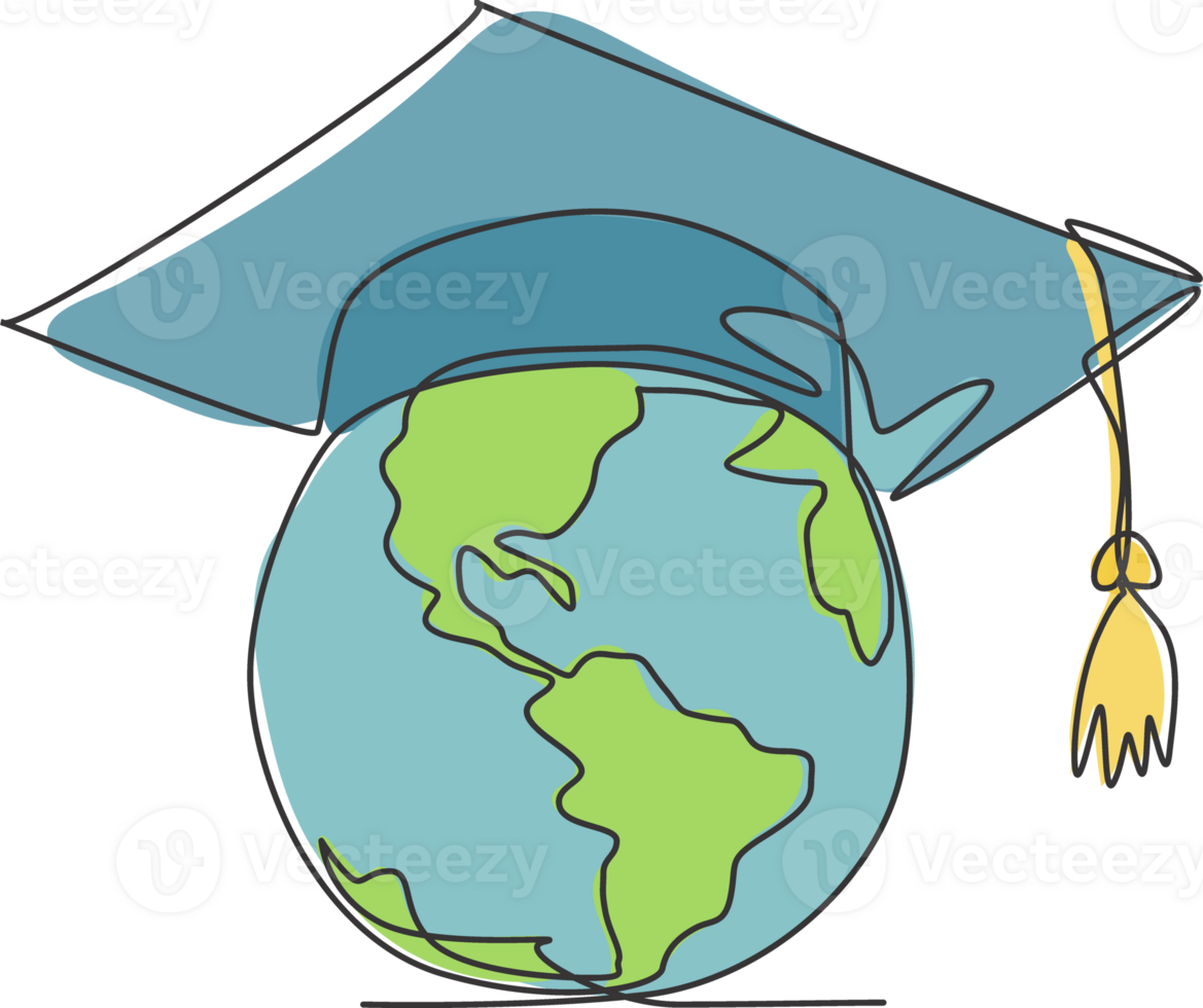 Earth globe with graduation hat. One line drawing of minimalist illustration design. Isolated simple line modern graphic style. Hand drawn graphic concept for education png