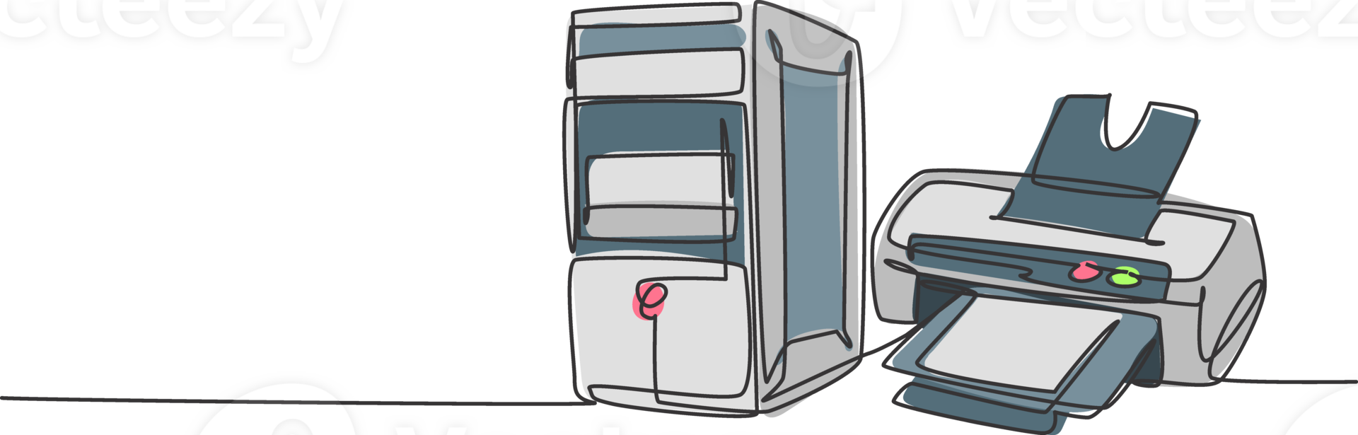 One single line drawing of cpu computer with inkjet printer for small