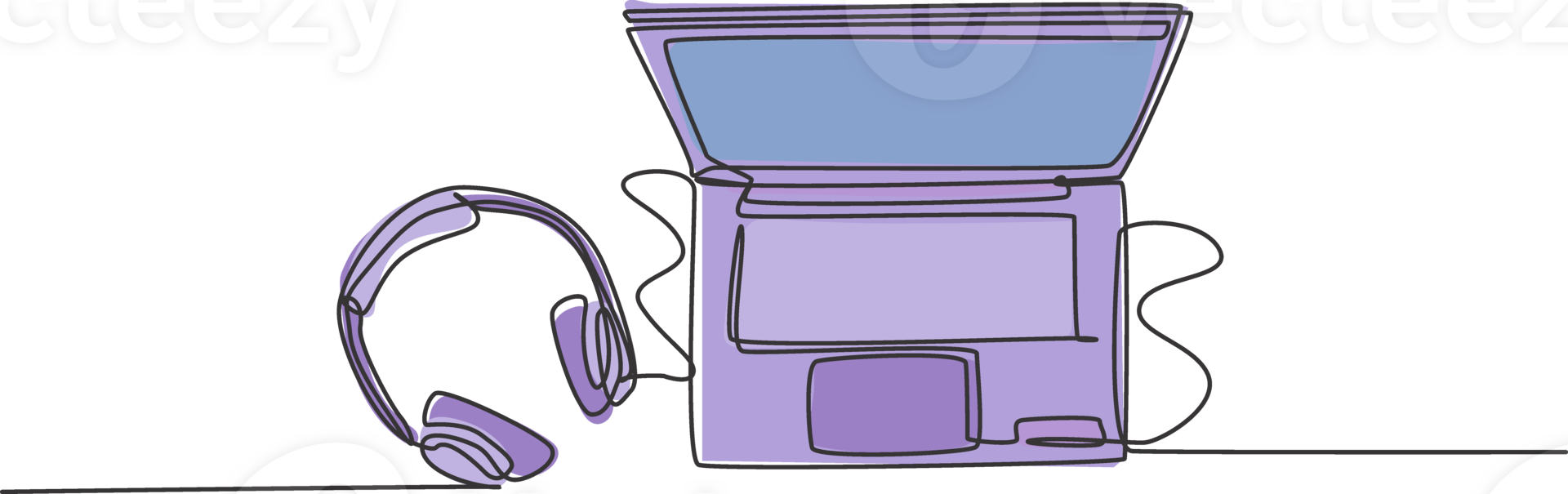 One continuous line drawing of laptop with headphone beside for entertainment purpose. Business equipment gadget concept. Trendy single line draw design graphic illustration png