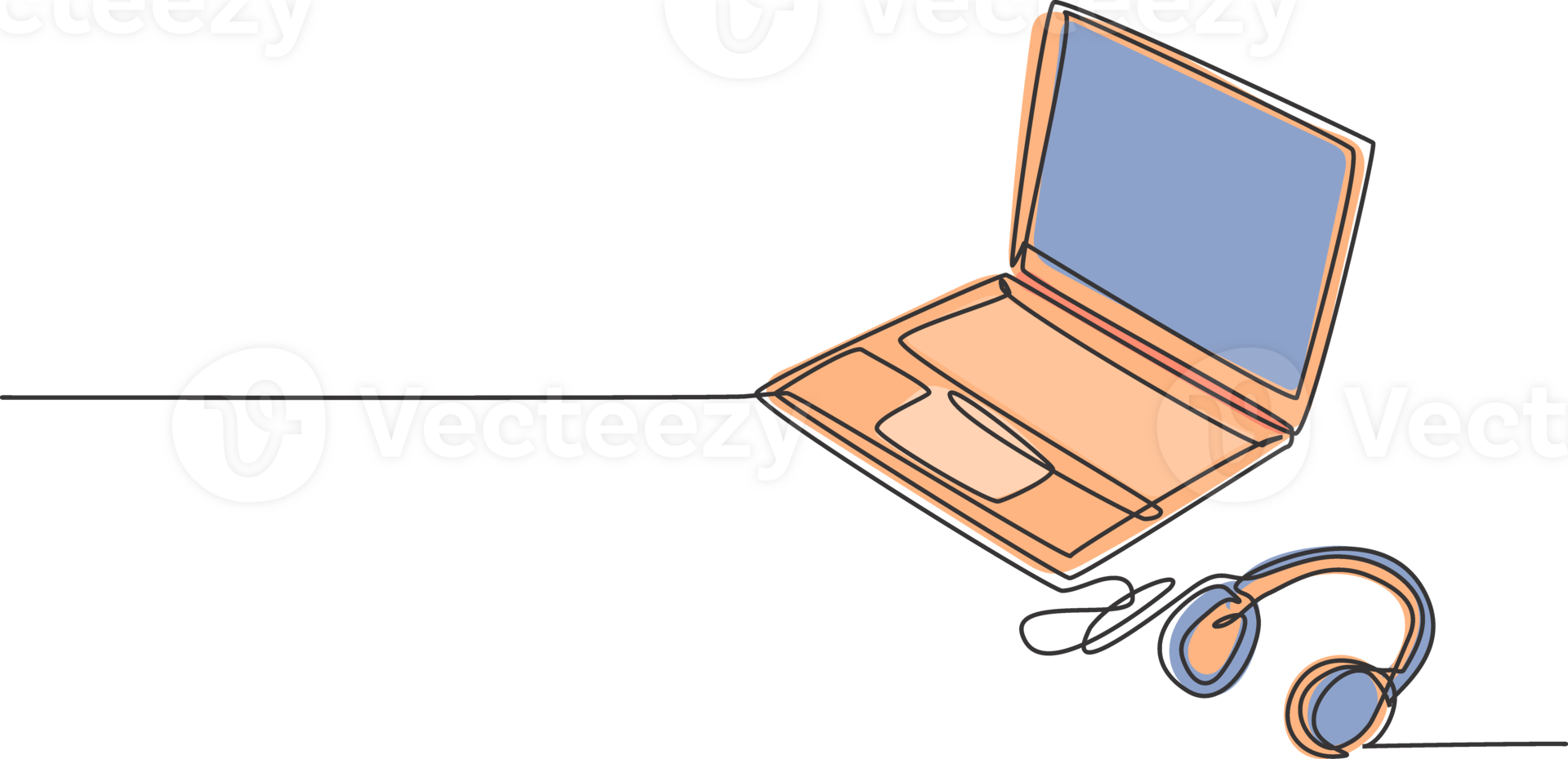 One single line drawing of thin laptop with headphone beside. Electricity home entertainment portable computer tools concept. Dynamic continuous line graphic draw design illustration png