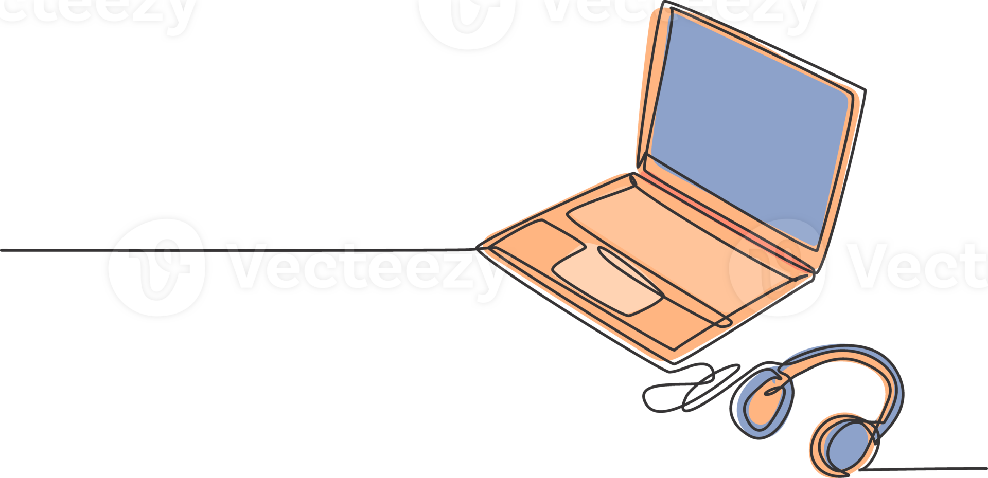 ett enda linje teckning av tunn bärbar dator med hörlurar bredvid. elektricitet Hem underhållning bärbar dator verktyg begrepp. dynamisk kontinuerlig linje grafisk dra design illustration png