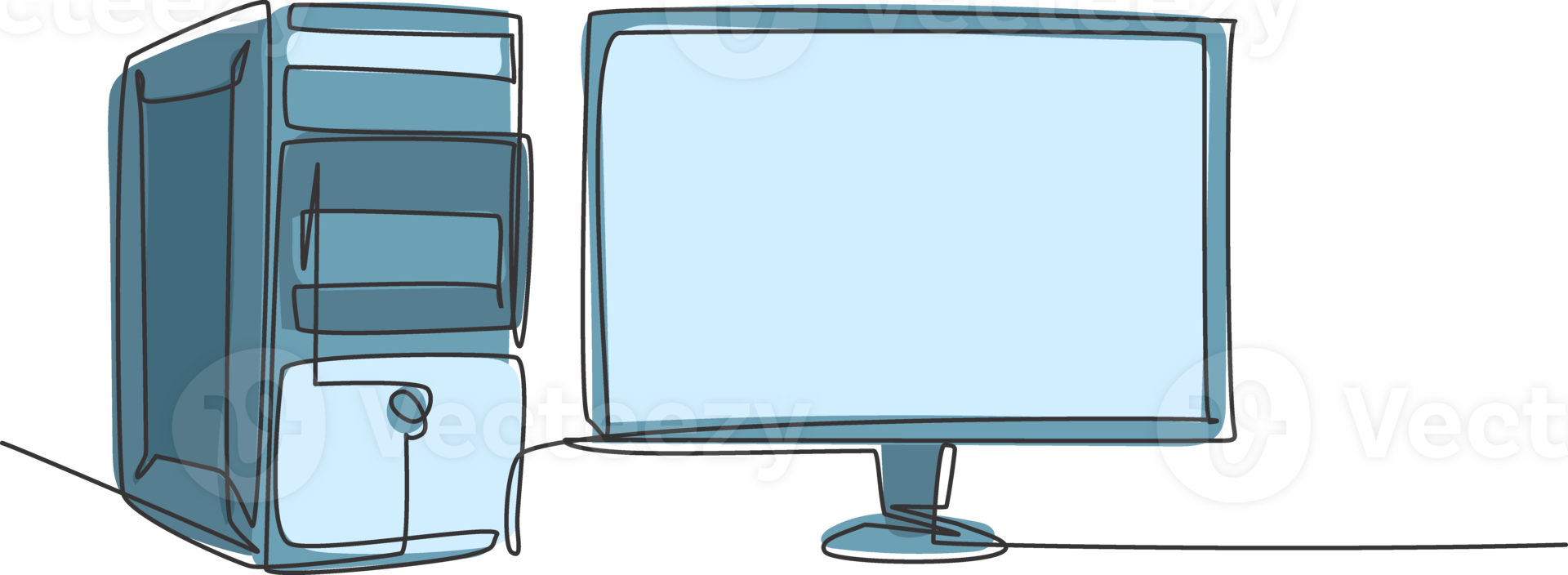 Single continuous line drawing of cpu computer unit and screen monitor for company. Electronic small home business equipment concept. Modern one line draw design graphic illustration png