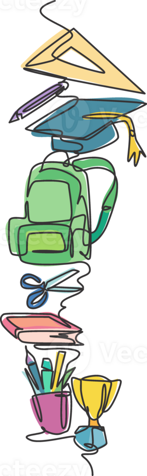 Continuous one line drawing of school bag, ruler, trophy, pencil set for page layout. Back to school hand drawn minimalism concept. Single line draw design for education graphic illustration png