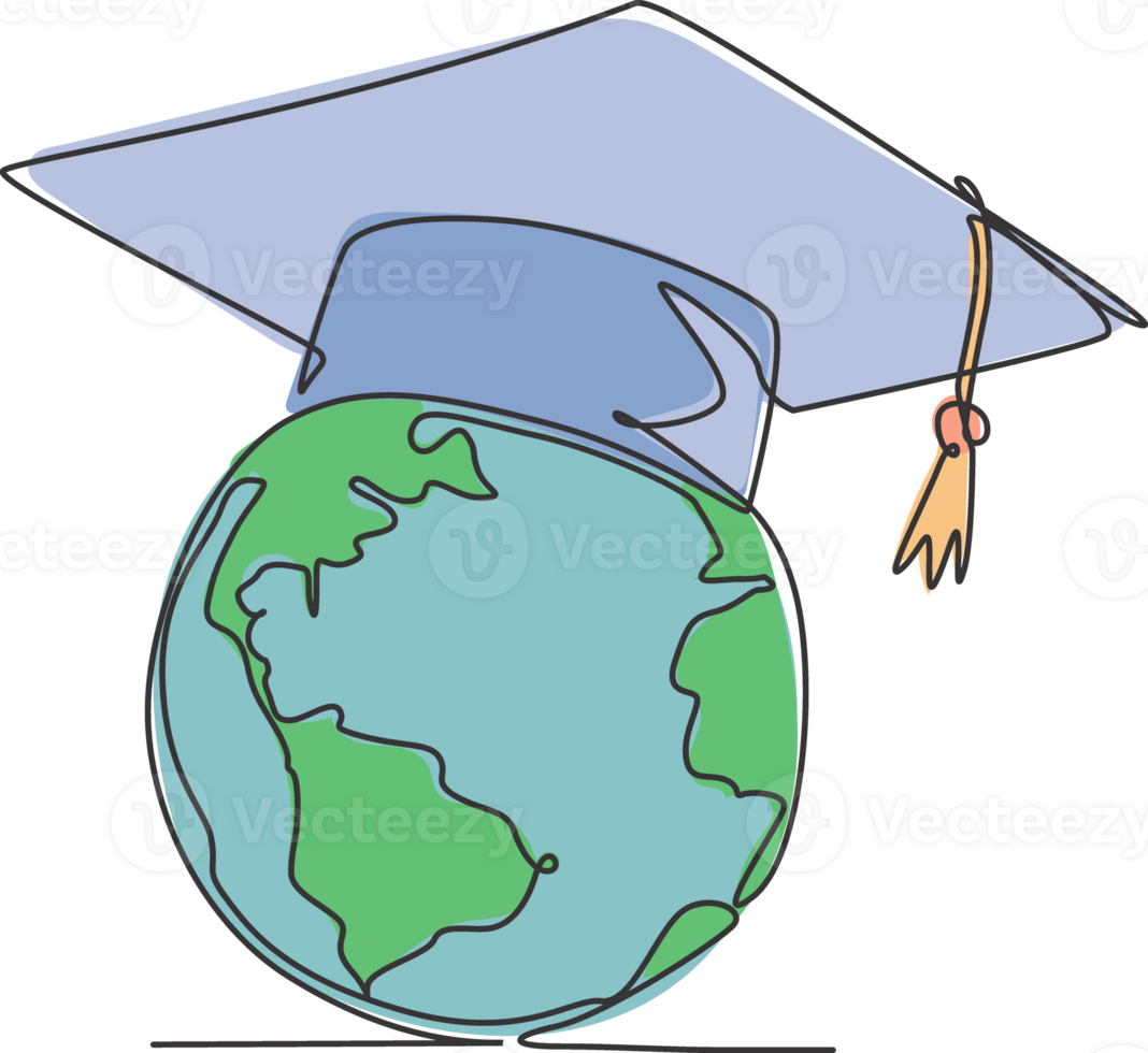 Graduation hat on earth globe. Single continuous line world global diploma graphic icon. One line draw doodle for education concept. Isolated illustration minimalist design png