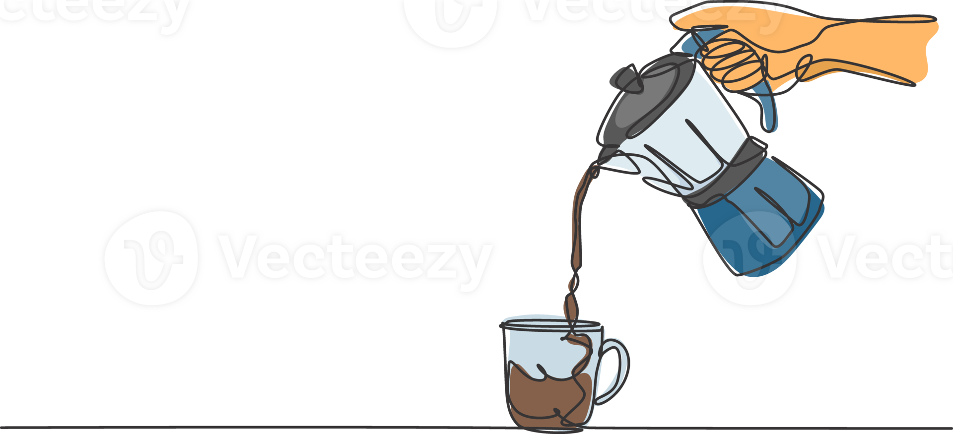 One single line drawing of young happy barista pouring hot chocolate coffee to cup above the table. Cafe drink menu concept. Dynamic continuous line graphic draw design illustration png