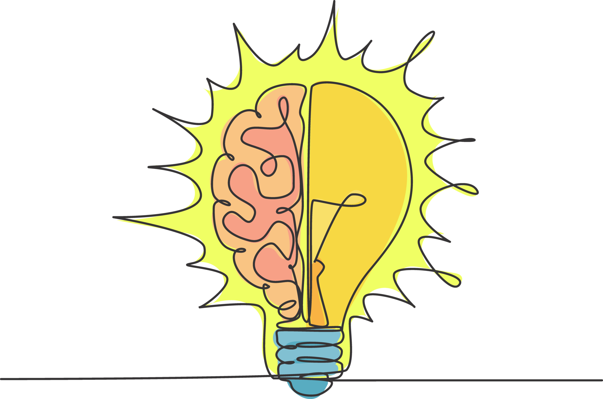 One continuous line drawing of half human brain and half light bulb