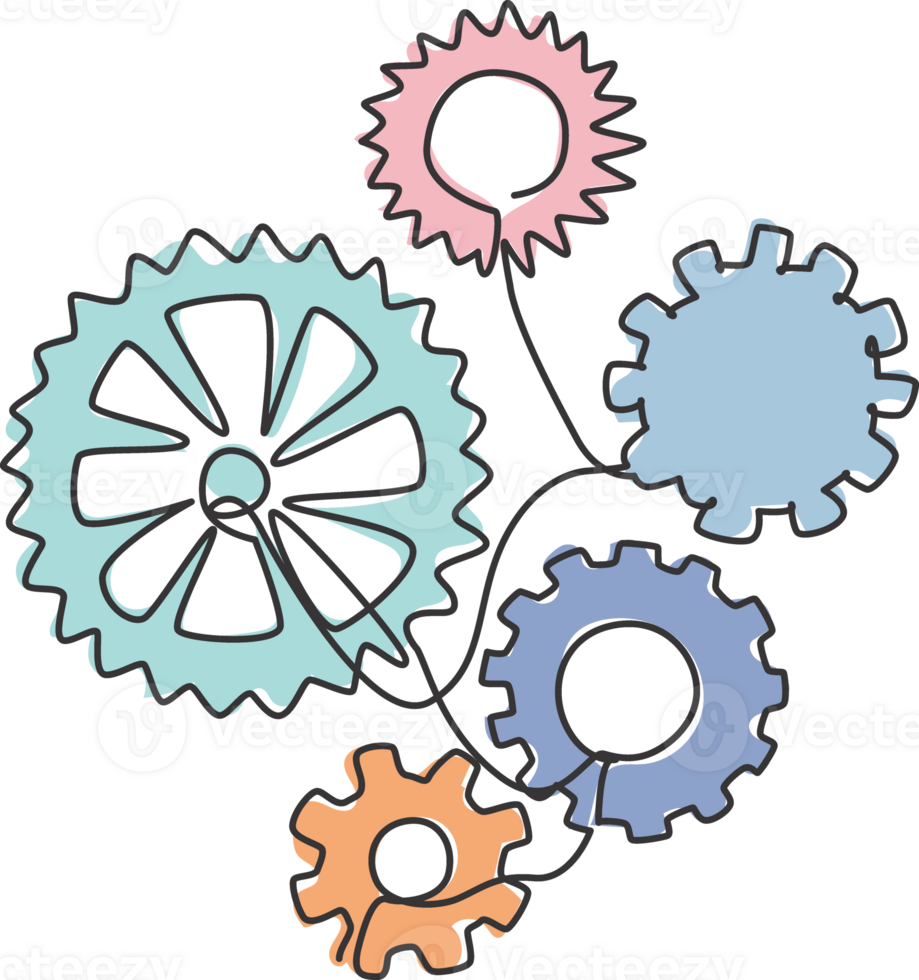 Single continuous line drawing of gear engine mechanic for logo label. Teamwork at industrial company logotype symbol template concept. Dynamic one line draw graphic illustration for cooperate png