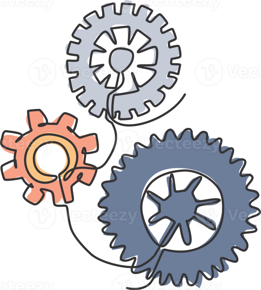 One continuous line drawing of mechanical engine gear icon logo emblem. Round wheel metal symbol logotype template for business teamwork concept. Modern single line draw design graphic illustration png